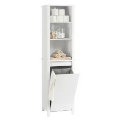 Sobuy Meuble Colonne de Salle de Bain, 3 étagères, 1 Panier à Linge Amovible, BZR102-W,