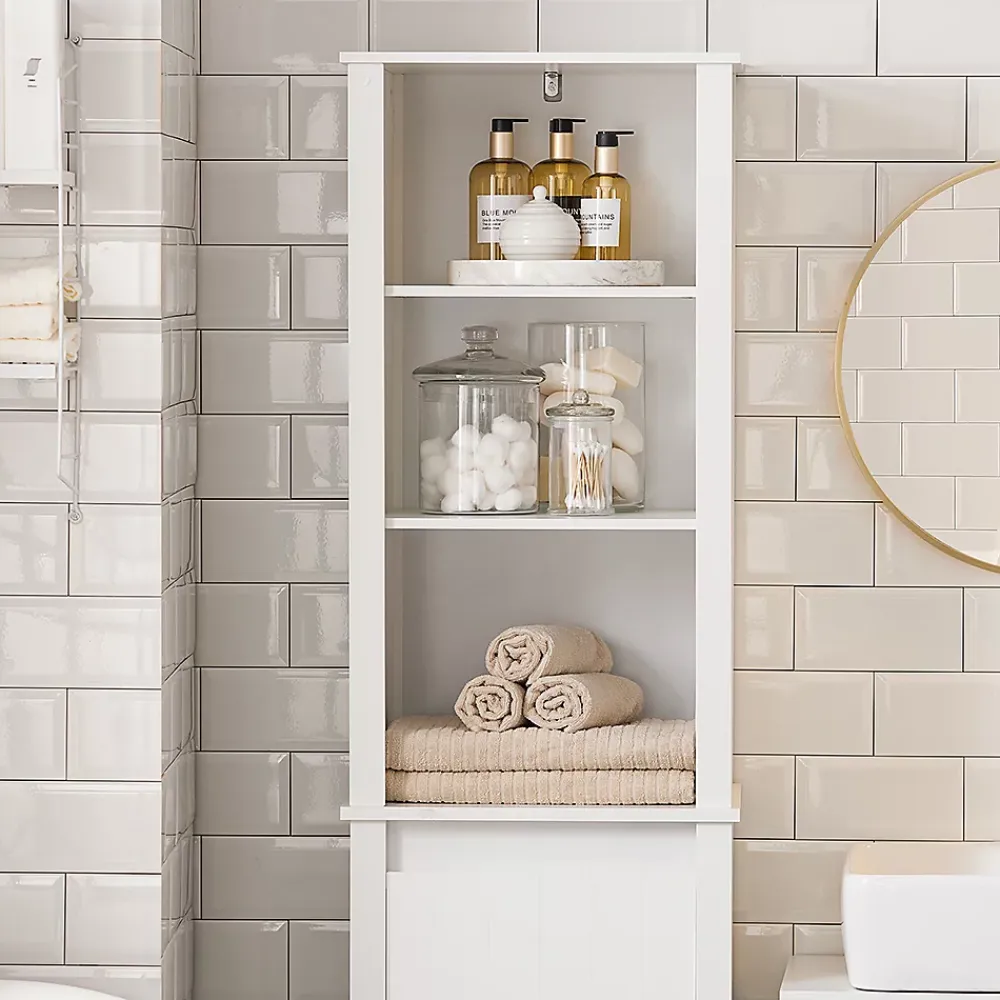 Sobuy Meuble Colonne de Salle de Bain, 3 étagères, 1 Panier à Linge Amovible, BZR102-W,