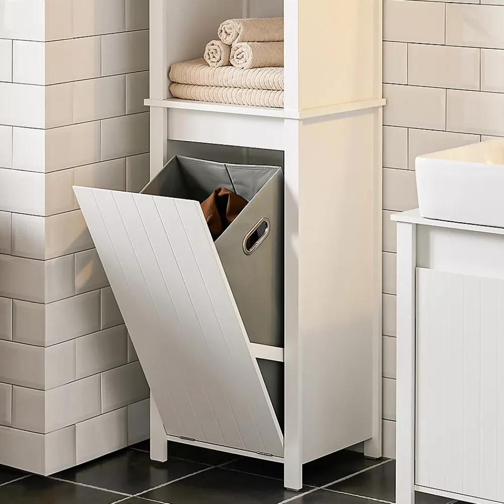 Sobuy Meuble Colonne de Salle de Bain, 3 étagères, 1 Panier à Linge Amovible, BZR102-W,