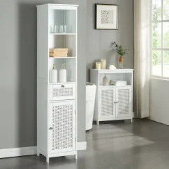 Colonne De Salle De Bains|Meuble De Salle De Bains Faible Profondeur|[En.Casa] Meuble colonne de salle de bain Karlsoey MDF PVC effet rotin 161 x 35 x 32 cm blanc en.casa
