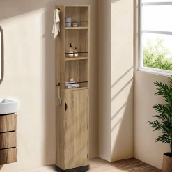 IDMarket Meuble colonne pivotante de salle de bain avec miroir, placard et étagères hêtre et noir ELIA