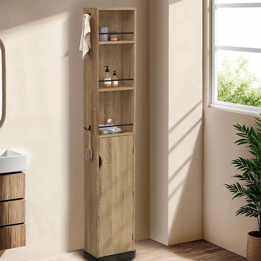 IDMarket Meuble colonne pivotante de salle de bain avec miroir, placard et étagères hêtre et noir ELIA