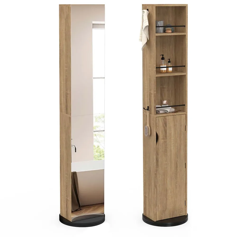 IDMarket Meuble colonne pivotante de salle de bain avec miroir, placard et étagères hêtre et noir ELIA