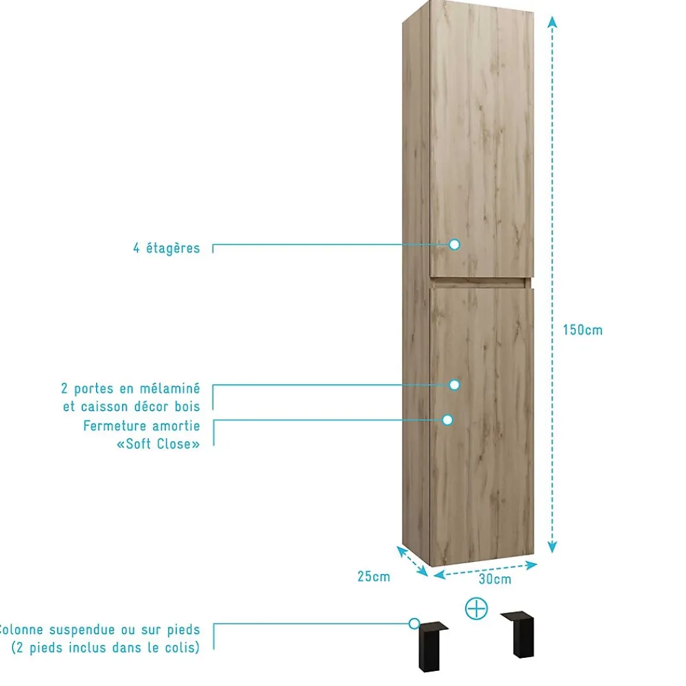 Colonne De Salle De Bains|Aurlane Meuble colonne pour salle de bains 2 portes finition chêne Naturel - 30x25x150 - TIMBER