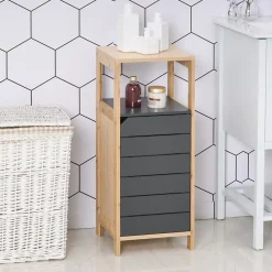Colonne De Salle De Bains|Homcom Meuble colonne rangement salle de bain style cosy dim. 32L x 30l x 80H cm porte étagères niche bambou gris