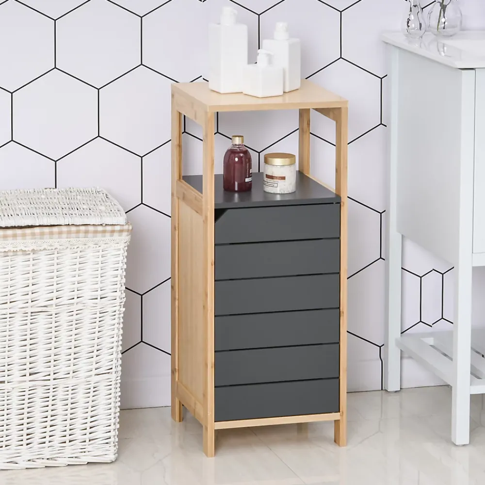 Colonne De Salle De Bains|Homcom Meuble colonne rangement salle de bain style cosy dim. 32L x 30l x 80H cm porte étagères niche bambou gris