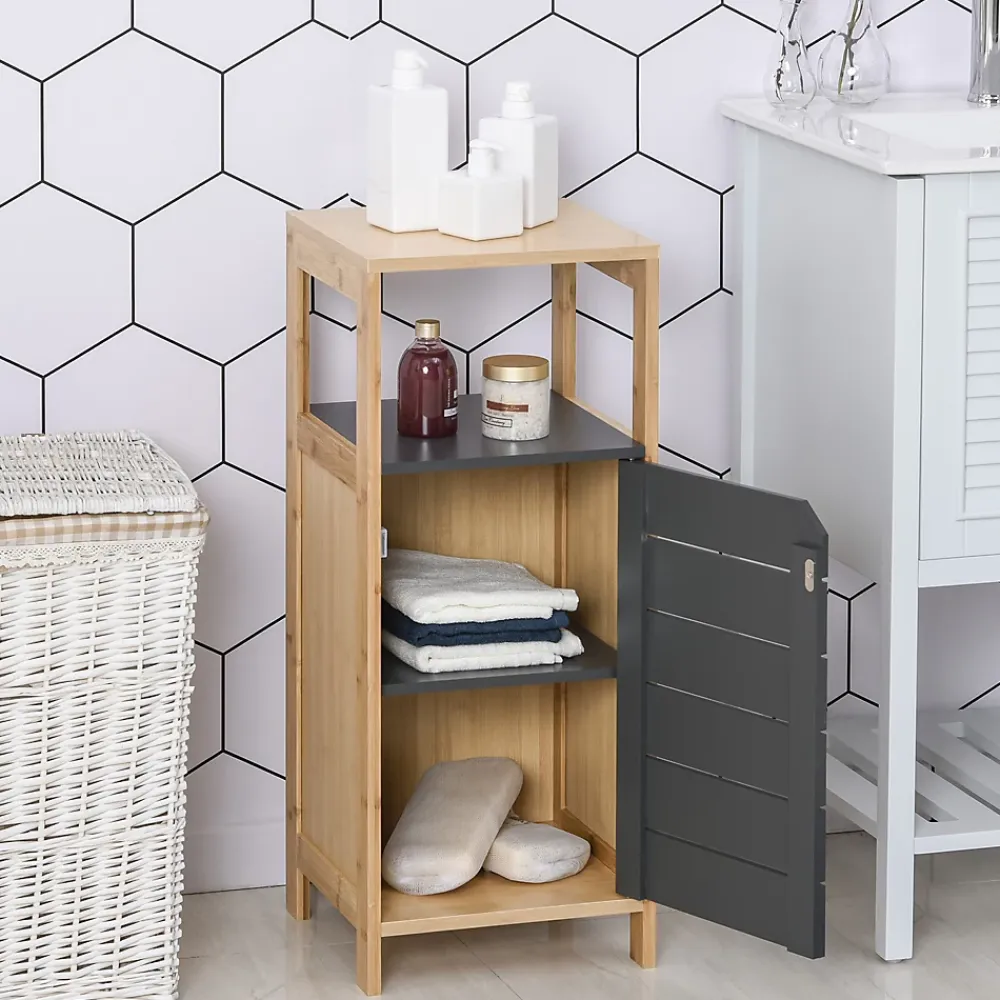 Colonne De Salle De Bains|Homcom Meuble colonne rangement salle de bain style cosy dim. 32L x 30l x 80H cm porte étagères niche bambou gris