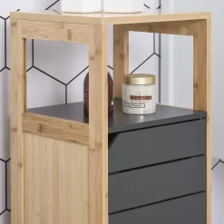 Colonne De Salle De Bains|Homcom Meuble colonne rangement salle de bain style cosy dim. 32L x 30l x 80H cm porte étagères niche bambou gris