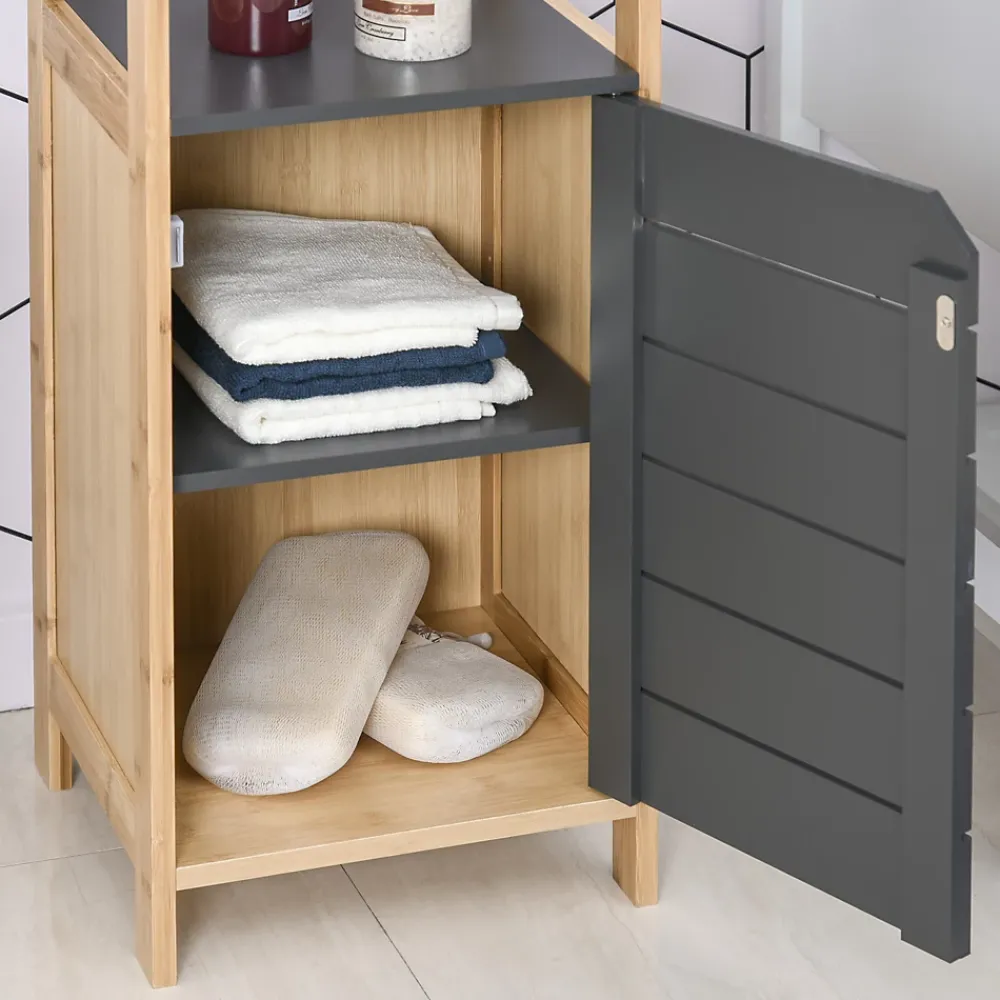 Colonne De Salle De Bains|Homcom Meuble colonne rangement salle de bain style cosy dim. 32L x 30l x 80H cm porte étagères niche bambou gris