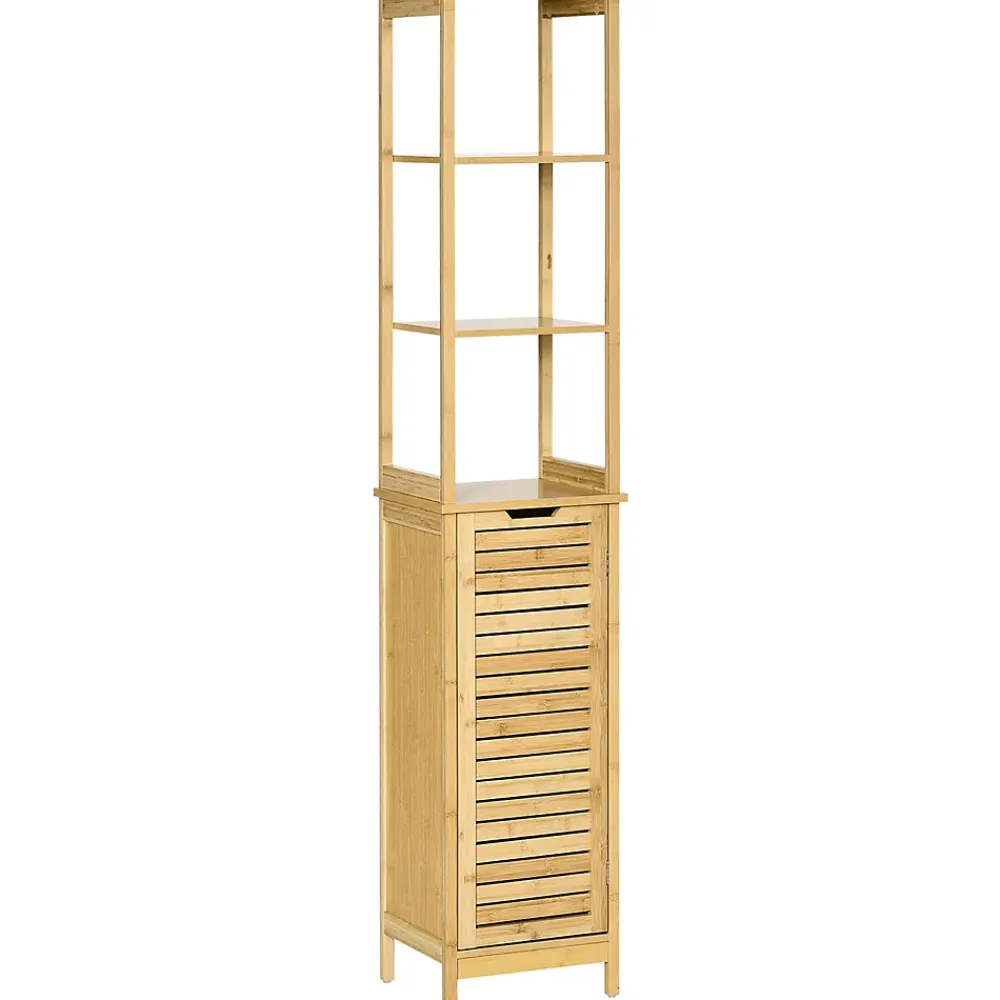 Colonne De Salle De Bains|kleankin Meuble colonne rangement salle de bain style cosy dim. 34L x 30l x 173H cm porte à lattes 3 étagères bambou MDF aspect bois clair