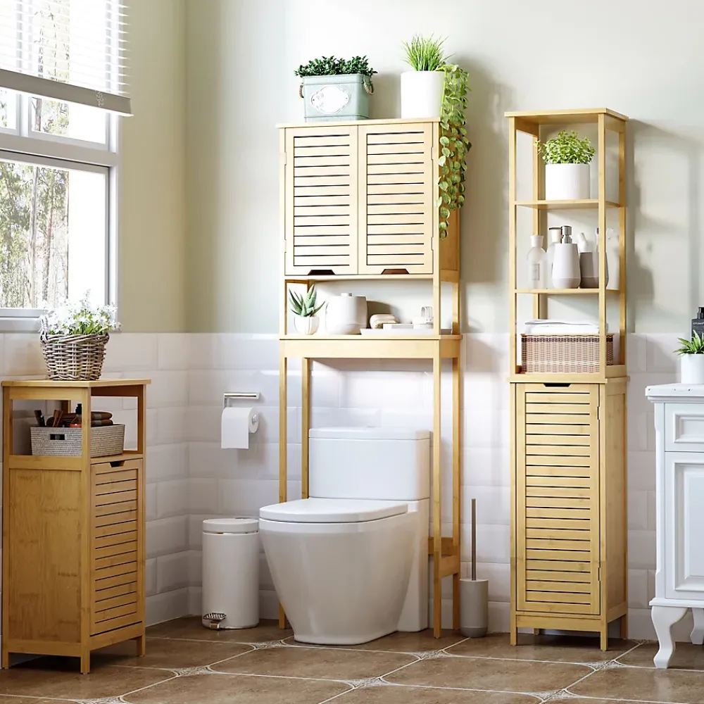 Colonne De Salle De Bains|kleankin Meuble colonne rangement salle de bain style cosy dim. 34L x 30l x 173H cm porte à lattes 3 étagères bambou MDF aspect bois clair
