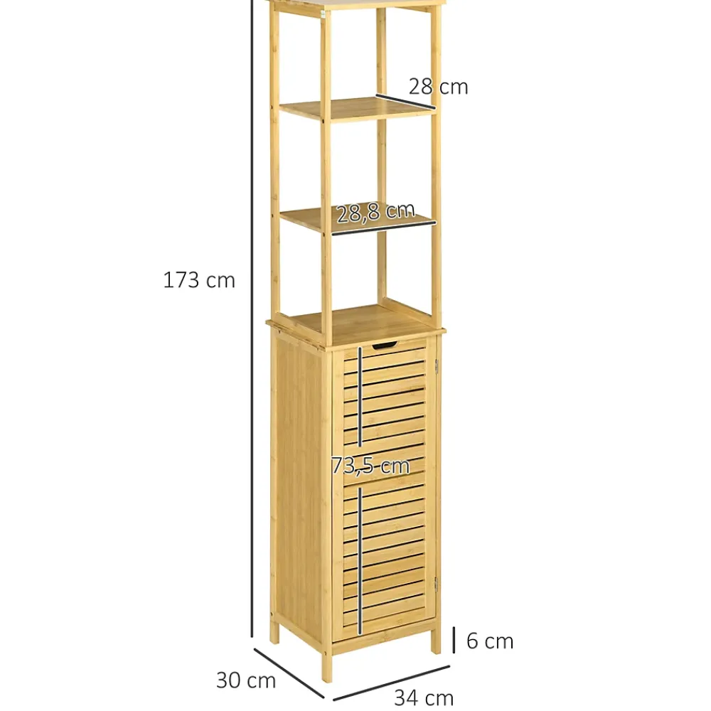 Colonne De Salle De Bains|kleankin Meuble colonne rangement salle de bain style cosy dim. 34L x 30l x 173H cm porte à lattes 3 étagères bambou MDF aspect bois clair