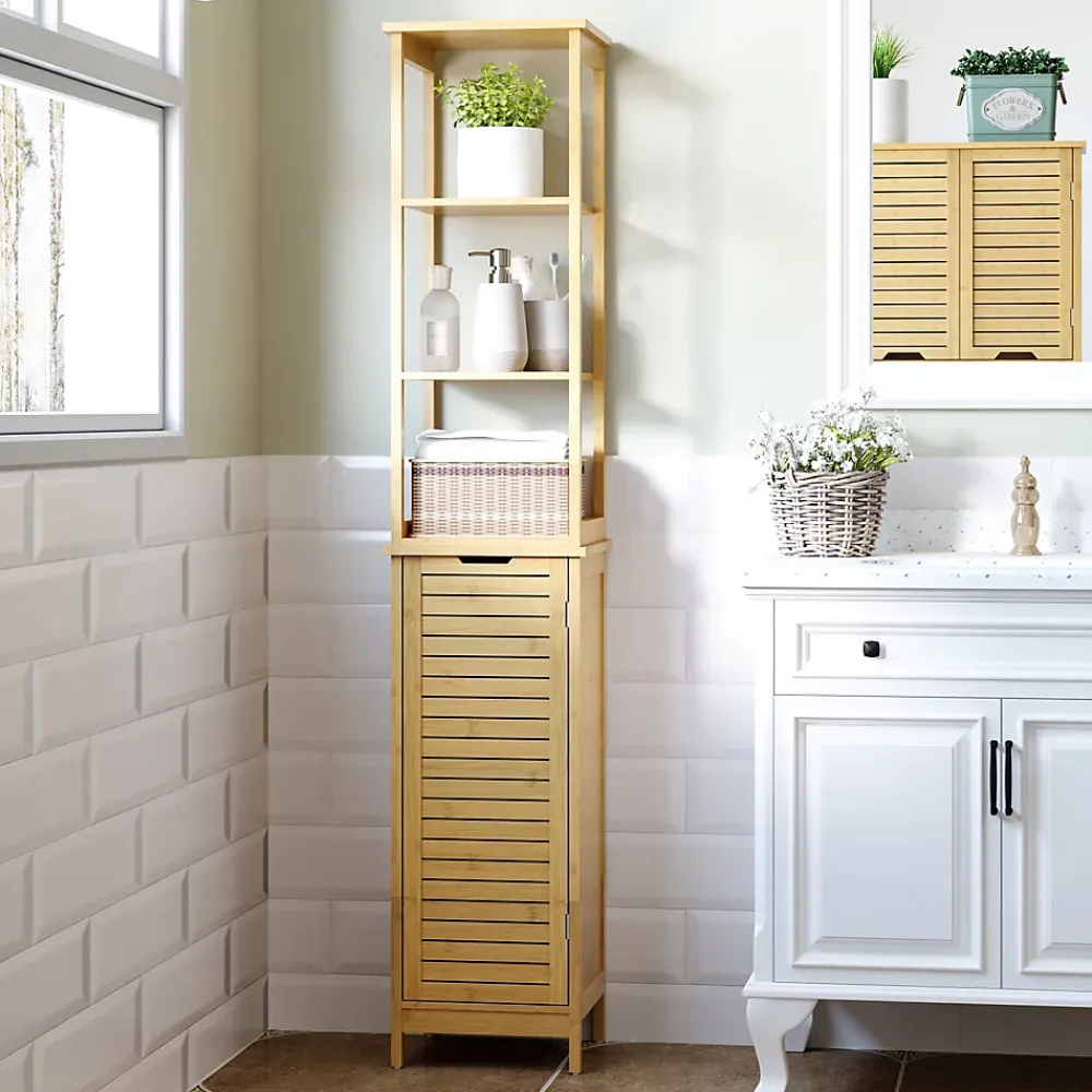 Colonne De Salle De Bains|kleankin Meuble colonne rangement salle de bain style cosy dim. 34L x 30l x 173H cm porte à lattes 3 étagères bambou MDF aspect bois clair