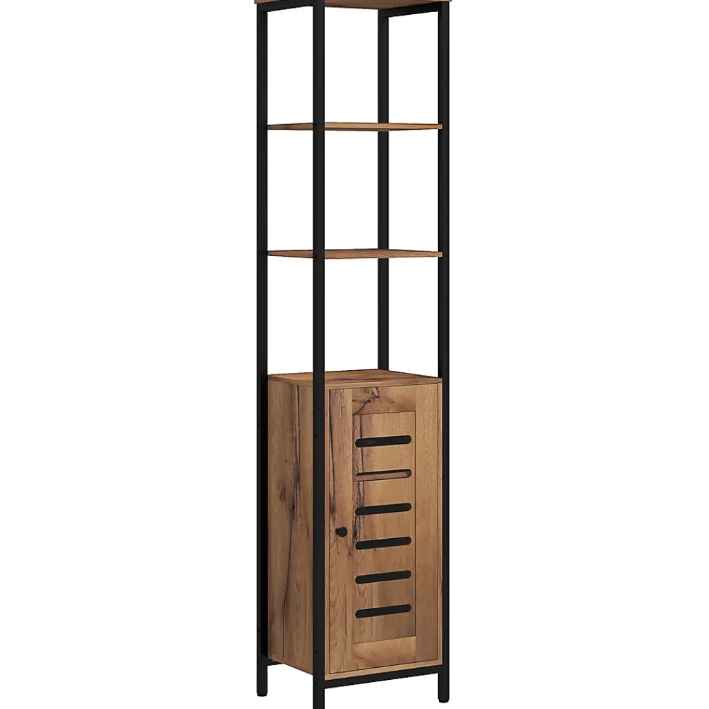 kleankin Meuble colonne rangement salle de bain style cosy dim. 37L x 30l x 167H cm 3 étagères porte ajourée acier noir aspect bois