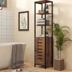 kleankin Meuble colonne rangement salle de bain style cosy dim. 37L x 30l x 167H cm 3 étagères porte ajourée acier noir aspect bois
