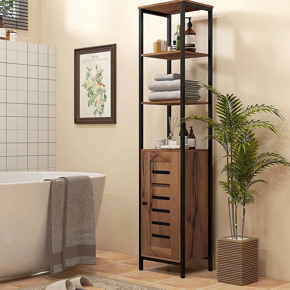 kleankin Meuble colonne rangement salle de bain style cosy dim. 37L x 30l x 167H cm 3 étagères porte ajourée acier noir aspect bois