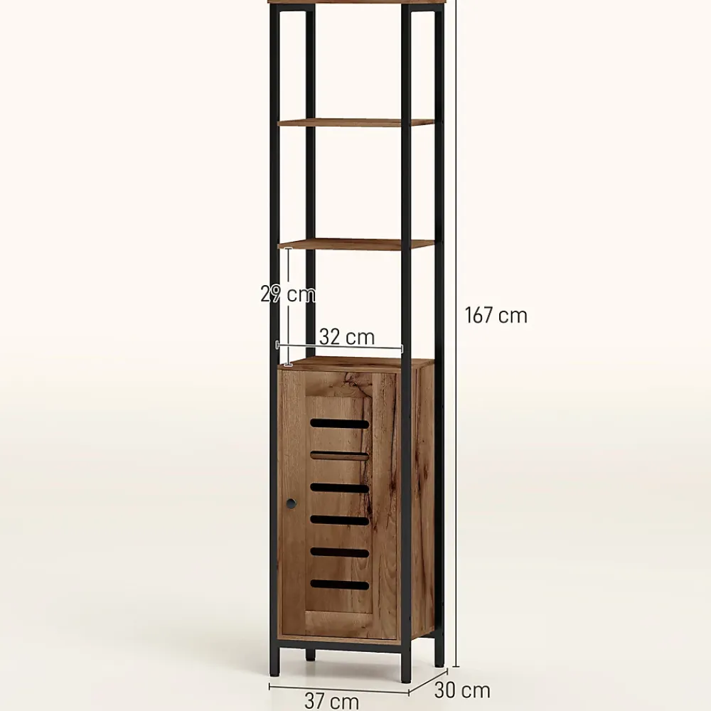 kleankin Meuble colonne rangement salle de bain style cosy dim. 37L x 30l x 167H cm 3 étagères porte ajourée acier noir aspect bois