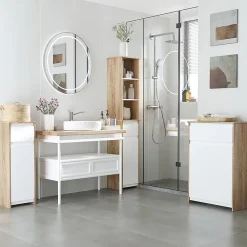 kleankin Meuble colonne rangement salle de bain style cosy 3 niches tiroir placard avec étagère blanc aspect chêne clair