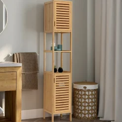 Armoire De Salle De Bains|IDMarket Meuble colonne salle de bain bambou BEA 2 portes