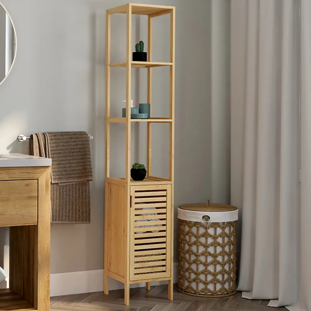 Armoire De Salle De Bains|IDMarket Meuble colonne salle de bain bambou BEA 1 porte