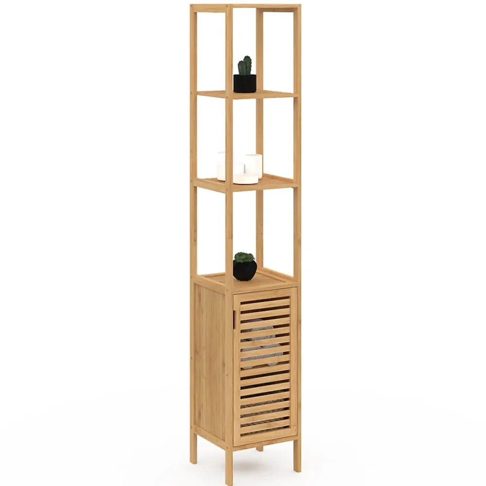 Armoire De Salle De Bains|IDMarket Meuble colonne salle de bain bambou BEA 1 porte