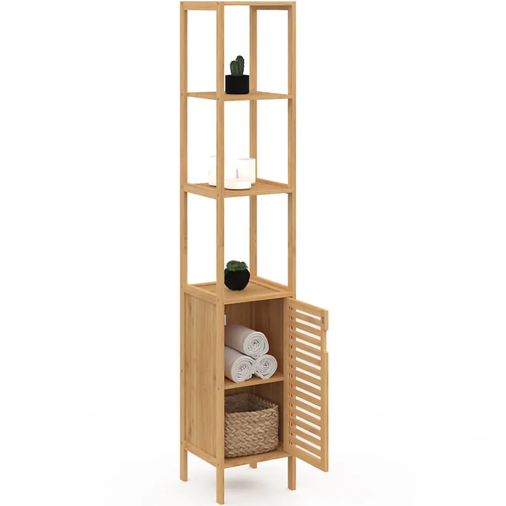 Armoire De Salle De Bains|IDMarket Meuble colonne salle de bain bambou BEA 1 porte