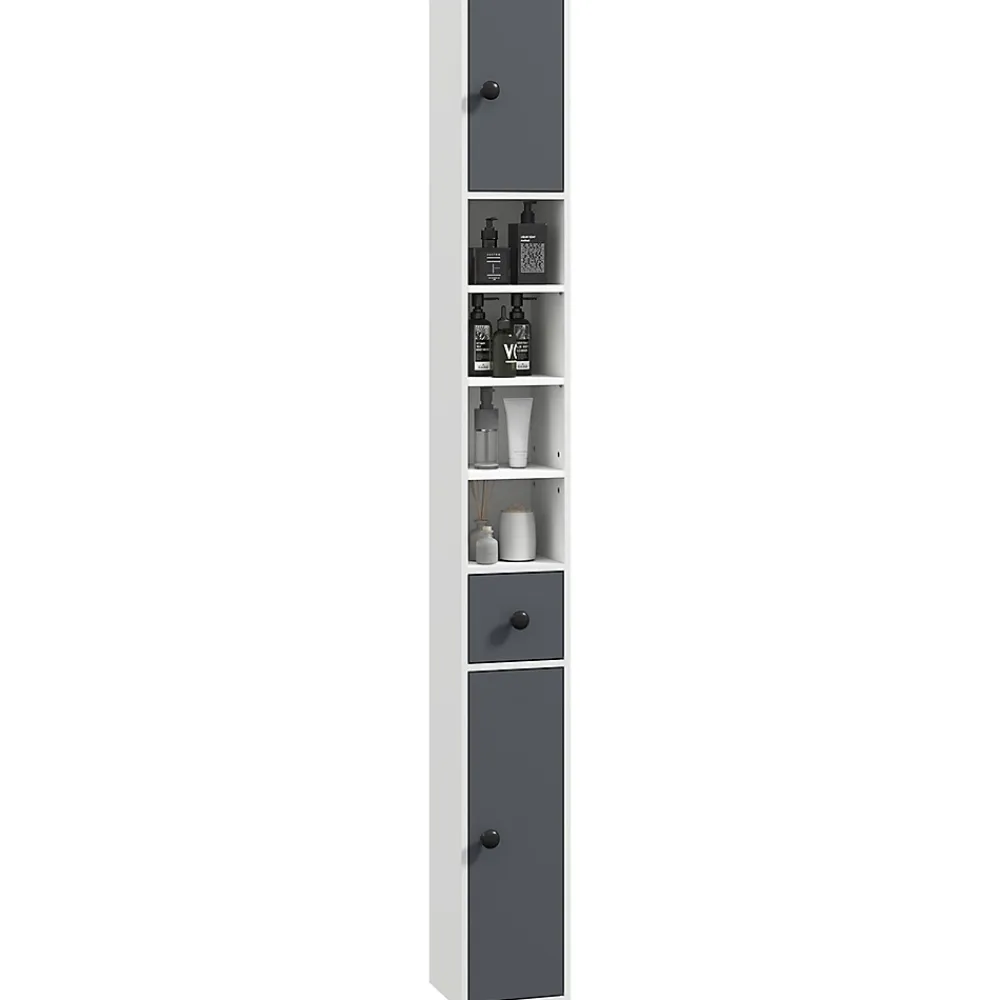 kleankin Meuble colonne salle de bain 2 portes 2 étagères 4 niches tiroir poignées métal noir panneaux blanc gris