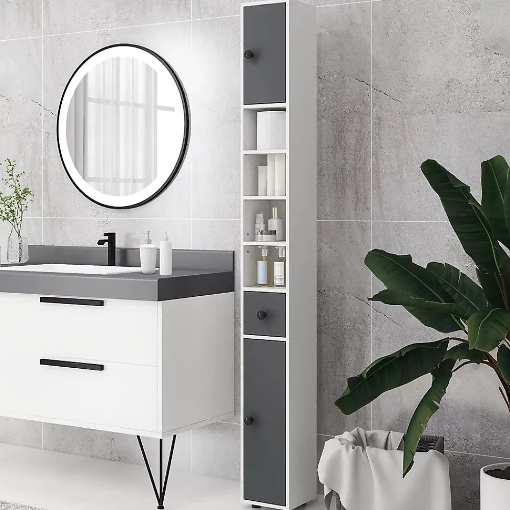 kleankin Meuble colonne salle de bain 2 portes 2 étagères 4 niches tiroir poignées métal noir panneaux blanc gris