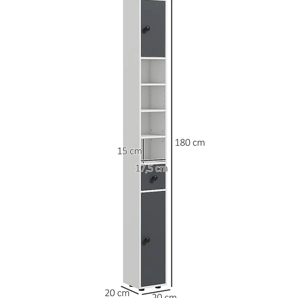 kleankin Meuble colonne salle de bain 2 portes 2 étagères 4 niches tiroir poignées métal noir panneaux blanc gris