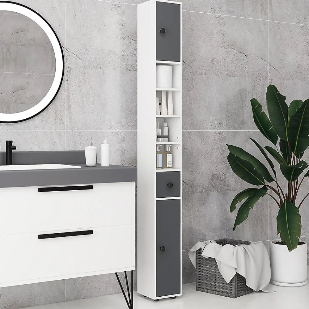 kleankin Meuble colonne salle de bain 2 portes 2 étagères 4 niches tiroir poignées métal noir panneaux blanc gris