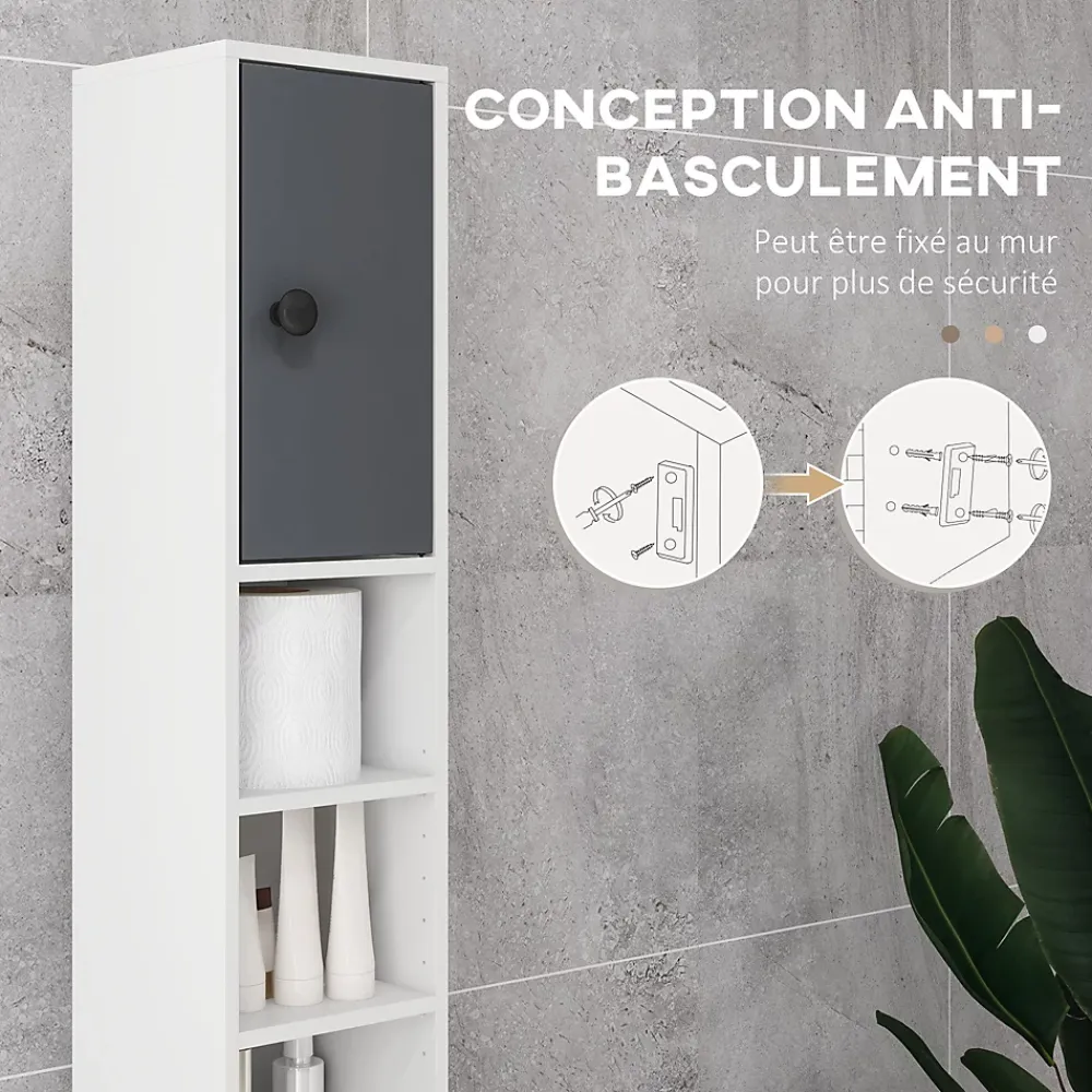 kleankin Meuble colonne salle de bain 2 portes 2 étagères 4 niches tiroir poignées métal noir panneaux blanc gris