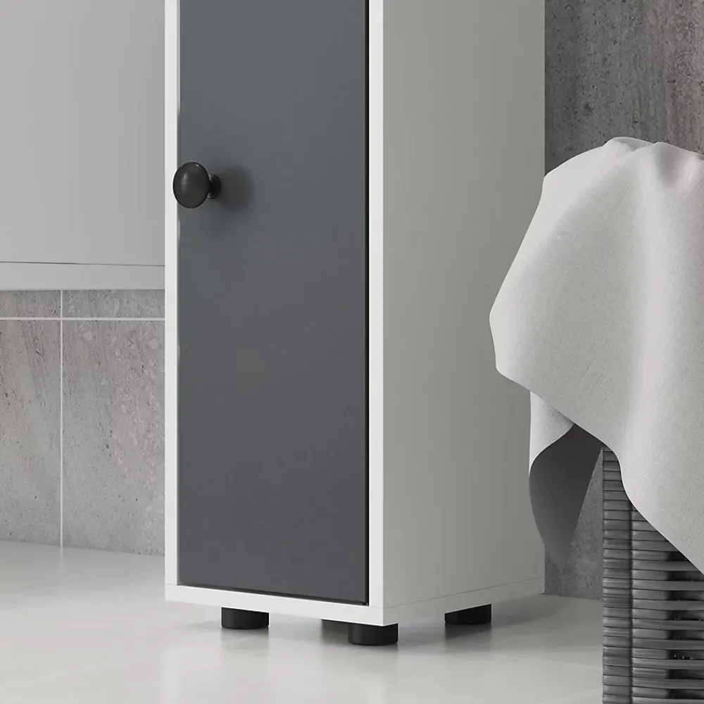 kleankin Meuble colonne salle de bain 2 portes 2 étagères 4 niches tiroir poignées métal noir panneaux blanc gris