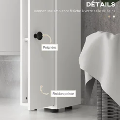 kleankin Meuble colonne salle de bain 2 portes 2 étagères 4 niches tiroir poignées métal noir panneaux blanc