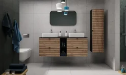 Furnidea Meuble colonne suspendu de salle de bain AURA LOFT noir et chêne 35/136 cm