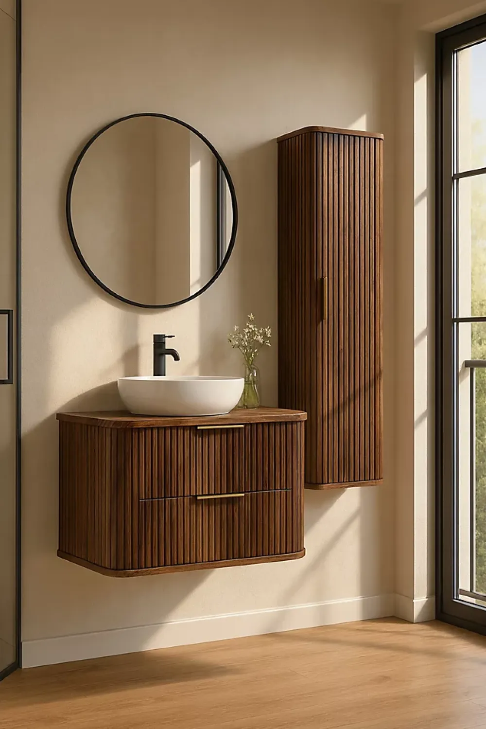 Furnidea Meuble colonne suspendu de salle de bain GLAMOUR coloris noyer foncé 35 x 139 cm