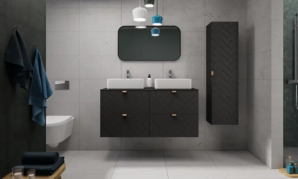 Furnidea Meuble colonne suspendu de salle de bain MADIS NOIR 35 X 136 cm G