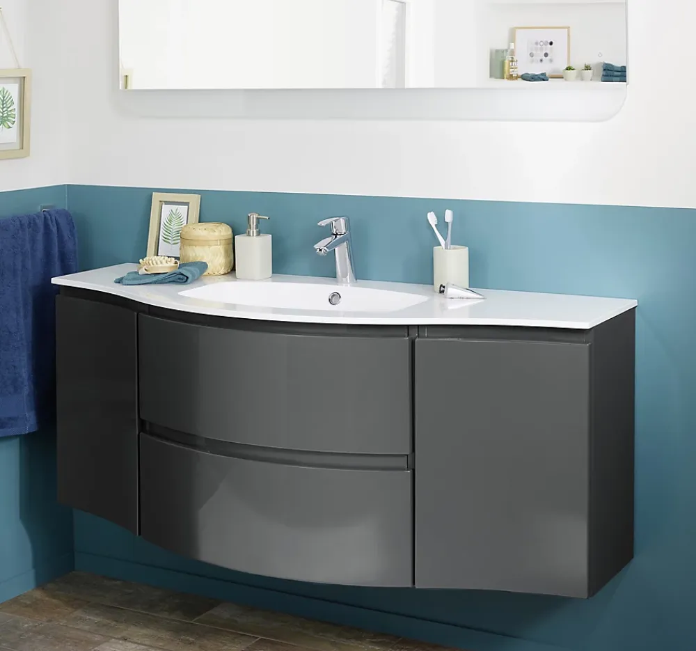 Meuble Sous-Vasque| Meuble complément sous vasque gris anthracite Vague 34 cm version gauche