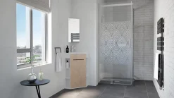 Lave-Mains|Meuble Vasque|Ondee Meuble d’angle tout en un compact H.84 x l.46 cm, blanc mat, porte décor bois, Nova