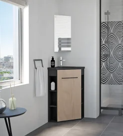Ondee Meuble d’angle tout en un compact H.84 x l.46 cm, noir mat, porte décor bois, Nova