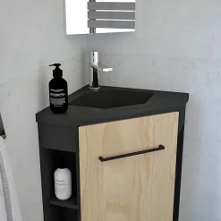 Ondee Meuble d’angle tout en un compact H.84 x l.46 cm, noir mat, porte décor bois, Nova