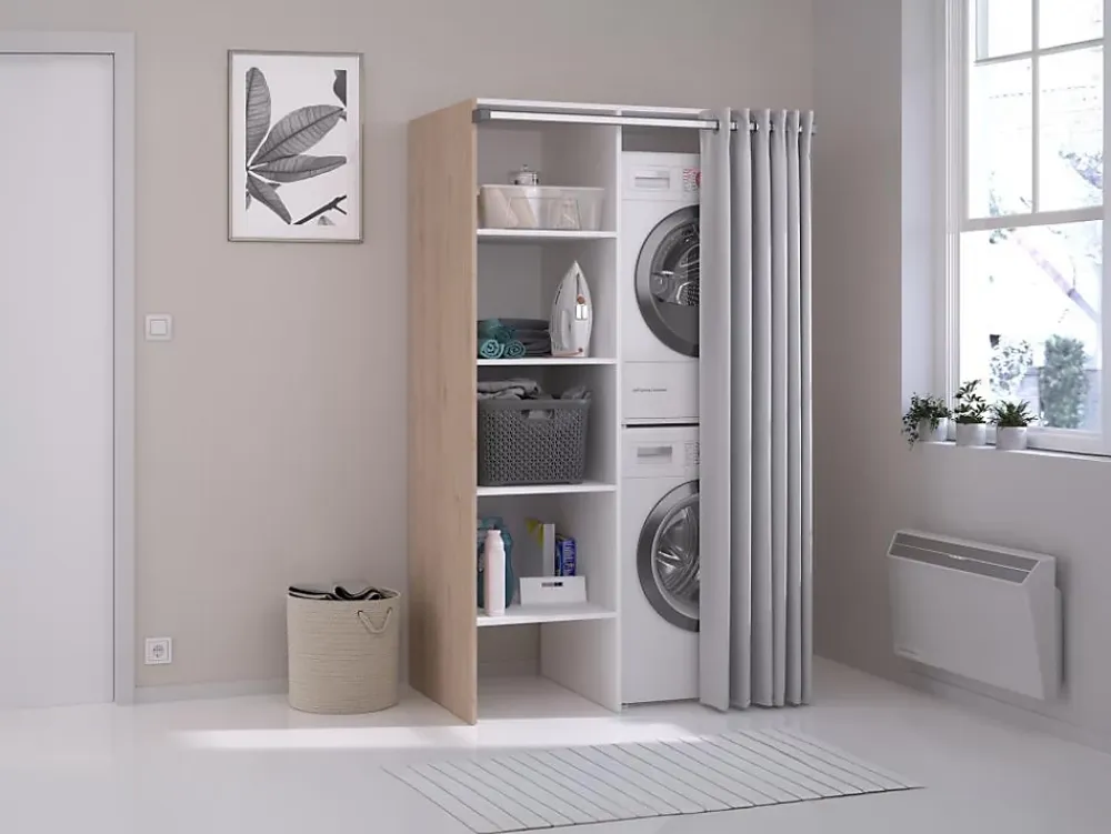 Meuble Buanderie|Vente-unique Meuble de buanderie avec rideau pour double machine à laver - Naturel clair - L111 x H184 cm - JAZANO
