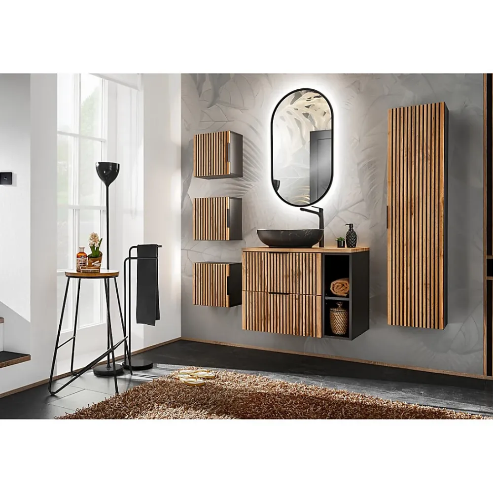 Plan Double Vasque|Meublorama Meuble de rangement additionnel sous vasque KINOKO 2 portes Gris anthracite L20 x P57 x H46 cm Meuble suspendu