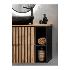 Plan Double Vasque|Meublorama Meuble de rangement additionnel sous vasque KINOKO 2 portes Gris anthracite L20 x P57 x H46 cm Meuble suspendu