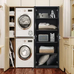 Meuble De Salle De Bains Faible Profondeur|Giantex Meuble de Rangement Haute à 5 Niveaux Meuble Autoportant avec Doubles Portes et étagères Ajustables Antibasculement Noir
