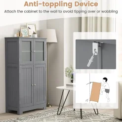 Giantex Meuble de Rangement Placard Buffet sur Pied avec Etagère Réglable avec 4 Portes et Verre Trempé Gris