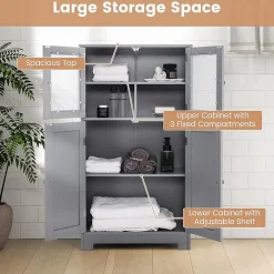 Giantex Meuble de Rangement Placard Buffet sur Pied avec Etagère Réglable avec 4 Portes et Verre Trempé Gris