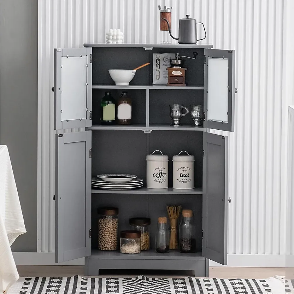 Giantex Meuble de Rangement Placard Buffet sur Pied avec Etagère Réglable avec 4 Portes et Verre Trempé Gris