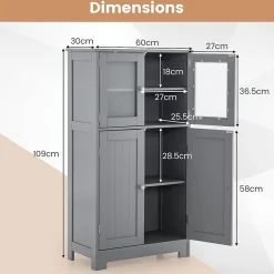Giantex Meuble de Rangement Placard Buffet sur Pied avec Etagère Réglable avec 4 Portes et Verre Trempé Gris