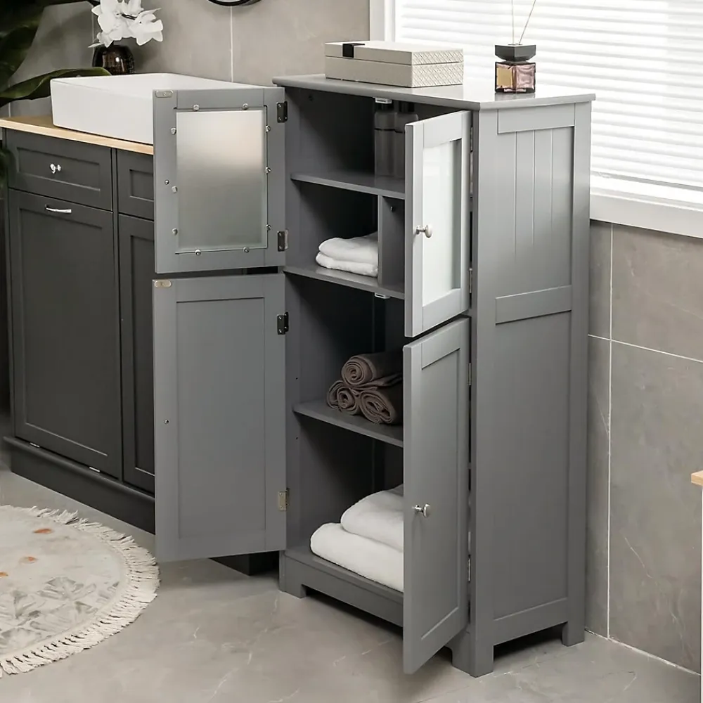 Giantex Meuble de Rangement Placard Buffet sur Pied avec Etagère Réglable avec 4 Portes et Verre Trempé Gris