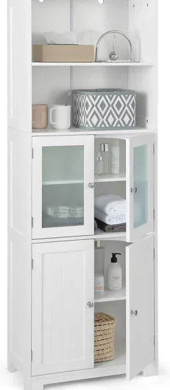 Giantex Meuble de Rangement pour Salle de Bain avec 3 Parties, Rangement 6 Niveaux avec 2 étagères Ouvertes et 2 Compartiments, Blanc